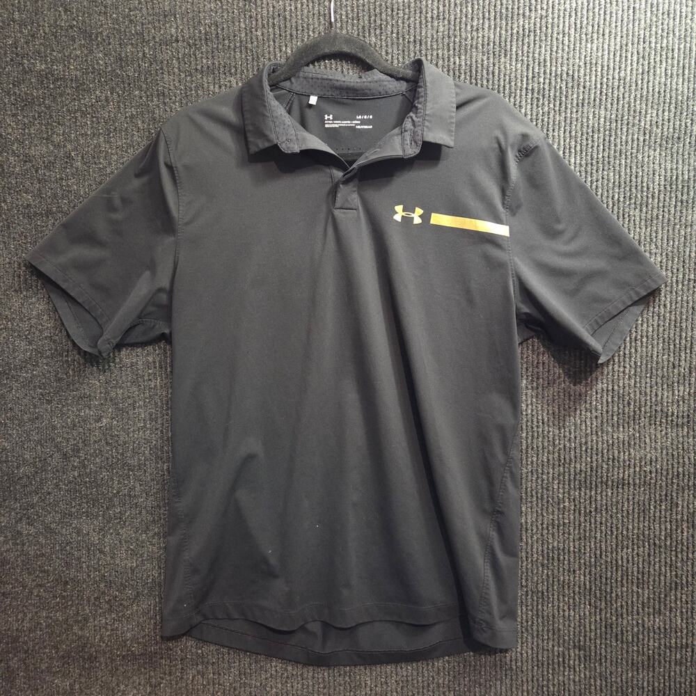Under Armour Men's Large Black Polo Gold Logo Heatwear Shortsleeve